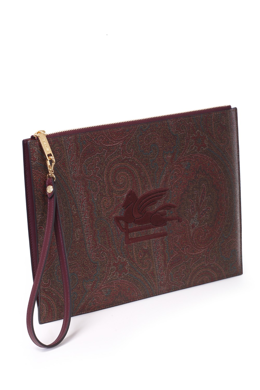 shop ETRO  Borsa: Etro pouch maxi, realizzata nell'iconico tessuto Paisley jacquard e caratterizzata dal logo ETRO Pegaso ricamato a filo dall'effetto tridimensionale. Laccio da polso removibile.
Dimensioni: 32 x 24 cm.
Esterno: Tessuto di cotone Paisley jacquard spalmato con grana opaca e doppiato in tela.
Finiture: 100% pelle di vitello.
Interno: 100% poliestere.
Chiusura con cerniera.
Tasca interna applicata.
Laccio da polso removibile altezza (luce) 18 cm.
Accessori metallici con finitura dorata.
Made in Italy.. 1P039 7567-0600 number 7863642